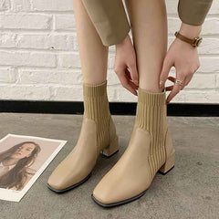 Niche Square Toe Thick Heel Socks Boots The Muse