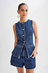 Denim Sleeveless Casual Suit: Stylish Top and Pants Set