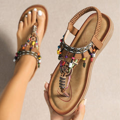 Boho Ethnic Flat Sandals – Pendant Accent Flip-Flops - Muselune