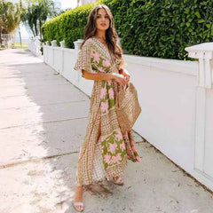High Waist Batwing-Sleeve V-neck Printed Wear Dresses - Muselune