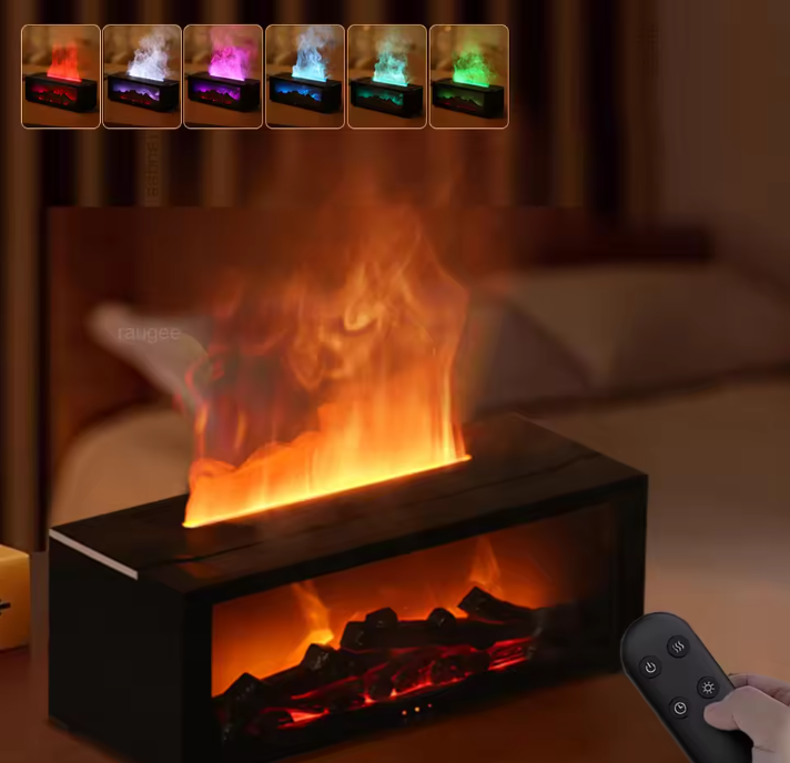 Fireplace Flame Humidifier with colorful flames and remote control in a cozy room setting.