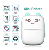 Wireless BT mini printer with cartoon face and icons on a white background
