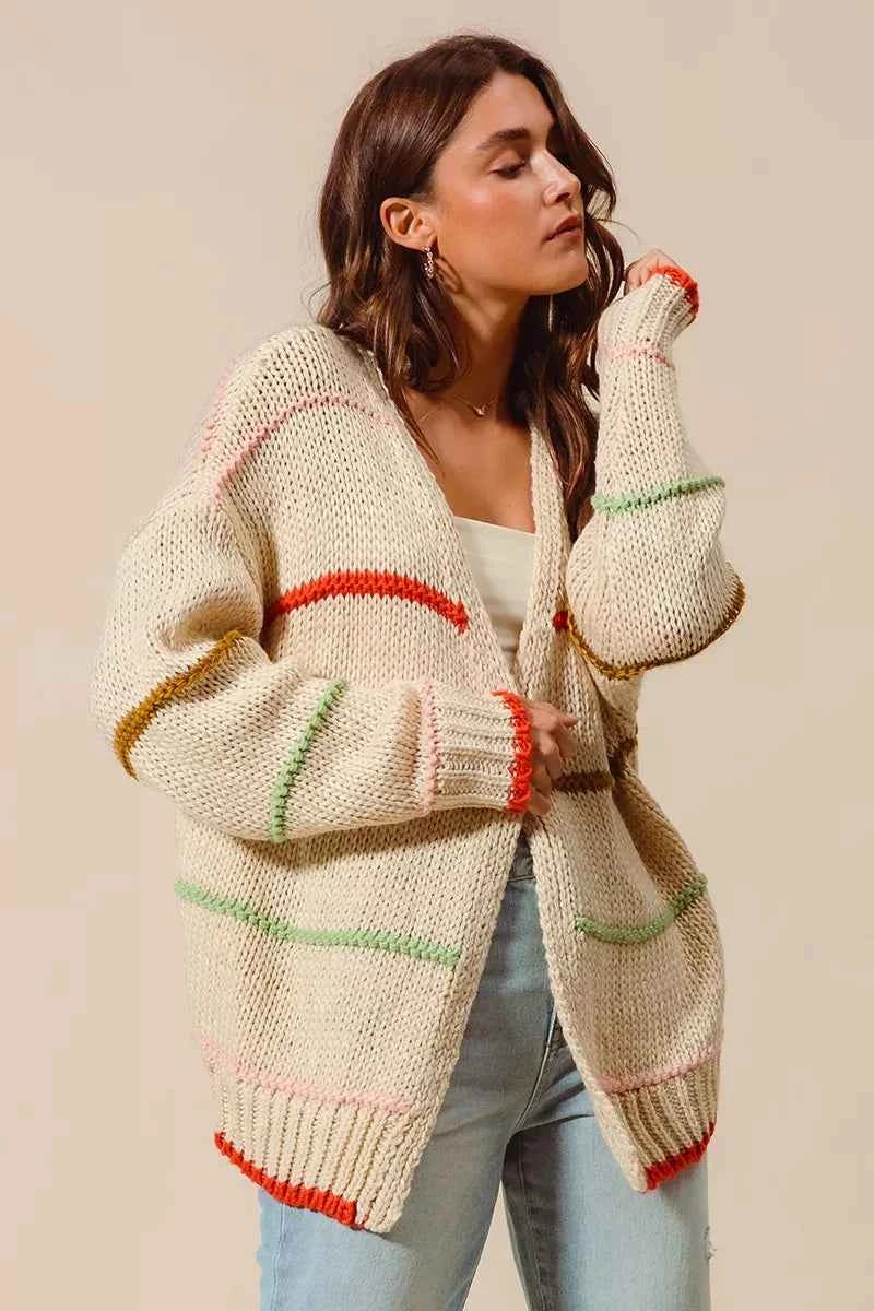 SO ME Loose Fit Multi Stripe Open Front Cardigan