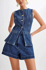 Denim Sleeveless Casual Suit: Stylish Top and Pants Set