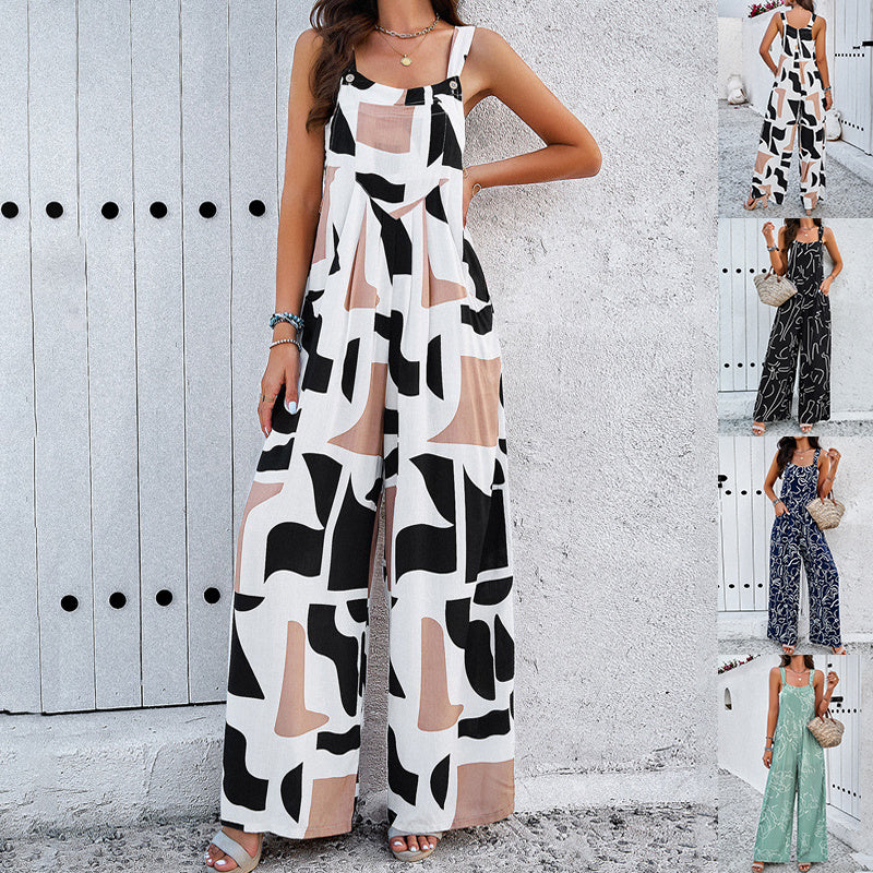 Printed Square Neck Jumpsuit – Casual Loose Fit with Pockets - Muselune