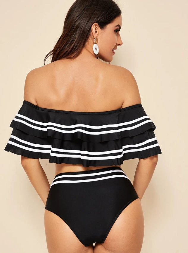Black Striped Bikini Set – Sexy Off-Shoulder - Muselune