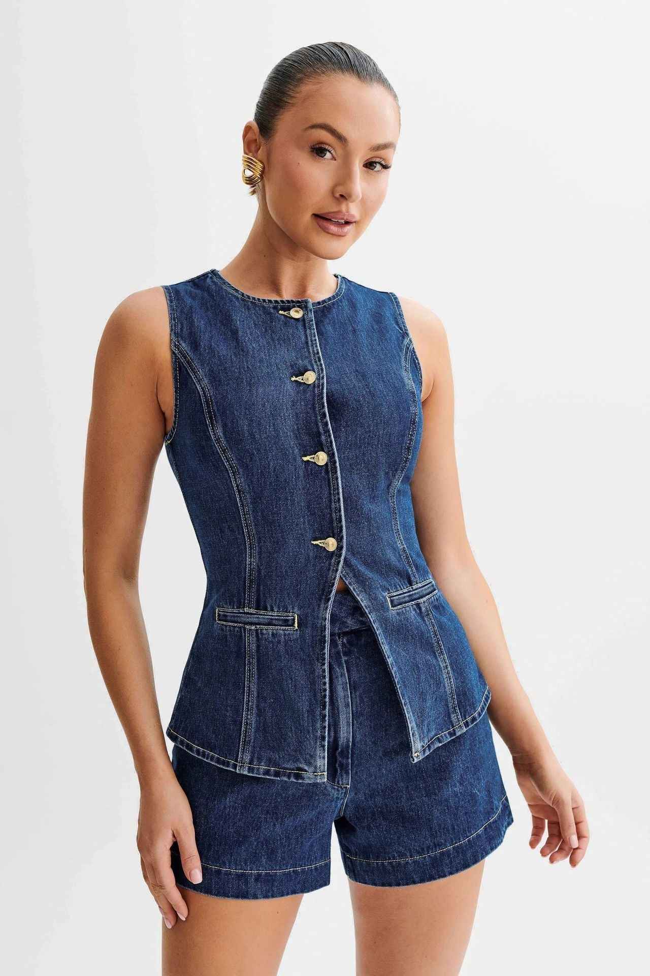 Denim Sleeveless Casual Suit: Stylish Top and Pants Set