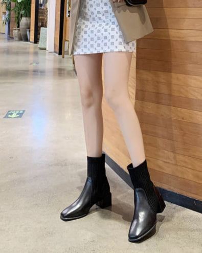 Niche Square Toe Thick Heel Socks Boots The Muse