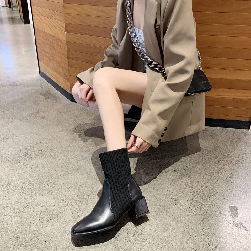 Niche Square Toe Thick Heel Socks Boots The Muse