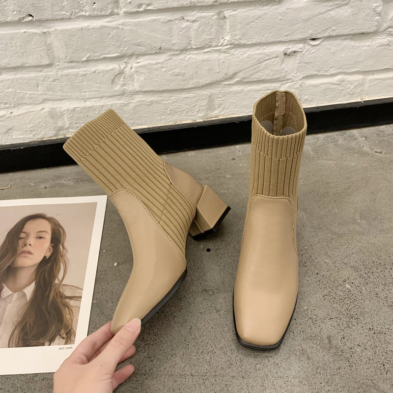 Niche Square Toe Thick Heel Socks Boots The Muse