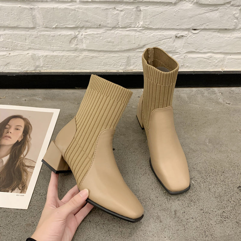 Niche Square Toe Thick Heel Socks Boots The Muse