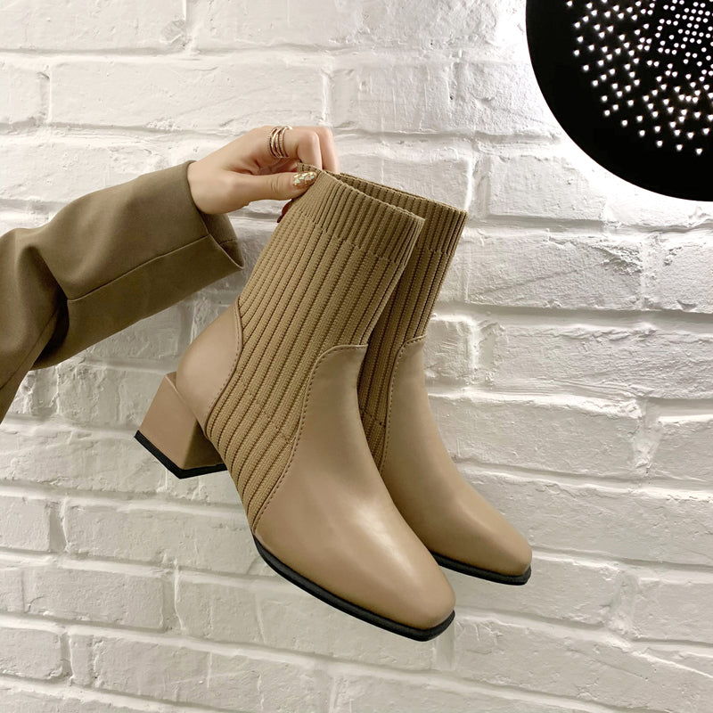 Niche Square Toe Thick Heel Socks Boots The Muse