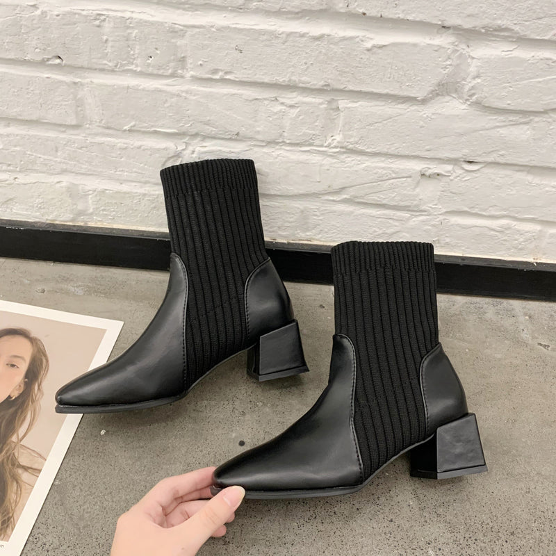 Niche Square Toe Thick Heel Socks Boots The Muse
