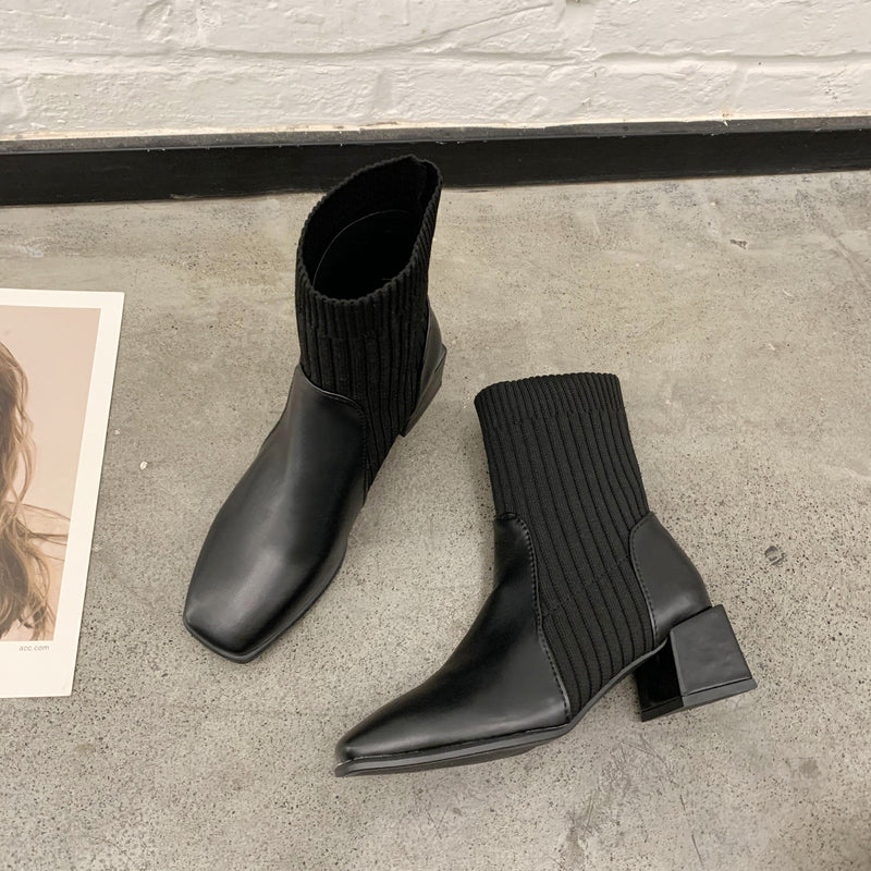 Niche Square Toe Thick Heel Socks Boots The Muse