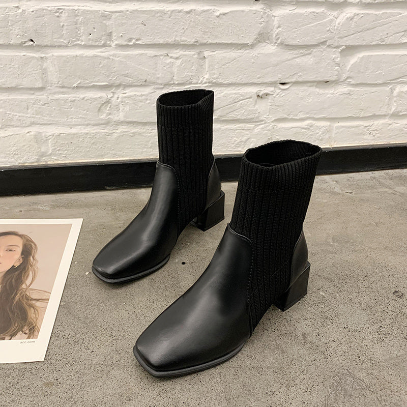 Niche Square Toe Thick Heel Socks Boots The Muse