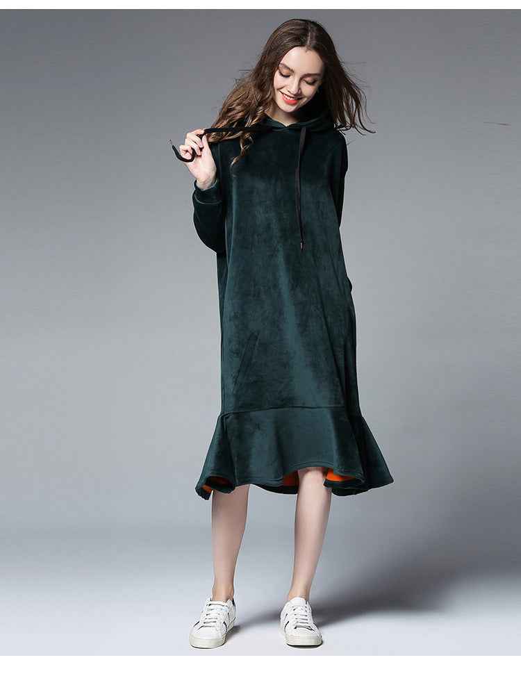 Long Hooded Velvet Bottoming Skirt