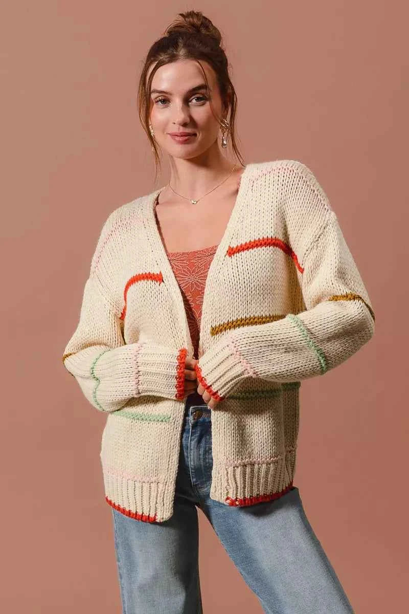 SO ME Loose Fit Multi Stripe Open Front Cardigan