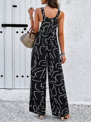 Printed Square Neck Jumpsuit – Casual Loose Fit with Pockets - Muselune