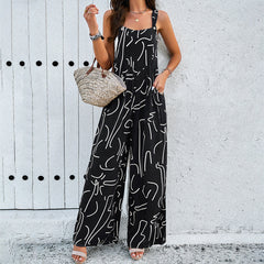 Printed Square Neck Jumpsuit – Casual Loose Fit with Pockets - Muselune