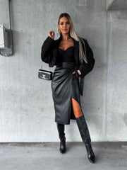 Split Lace-up Leather Skirt