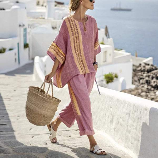 Striped Batwing Sleeve T-shirt / Straight-leg Pants/ Suits - Muselune