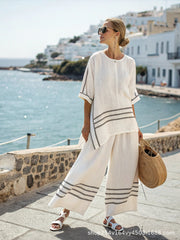 Striped Batwing Sleeve T-shirt / Straight-leg Pants/ Suits - Muselune