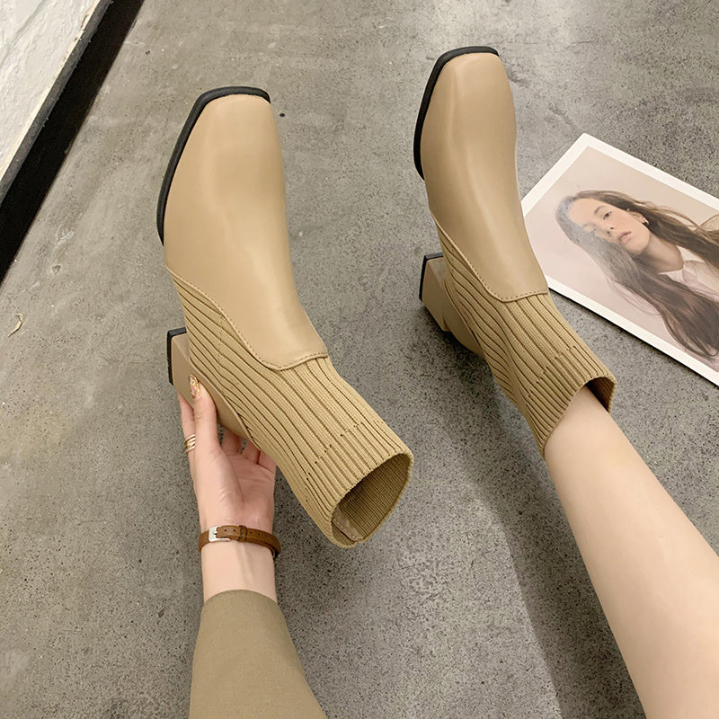 Niche Square Toe Thick Heel Socks Boots The Muse