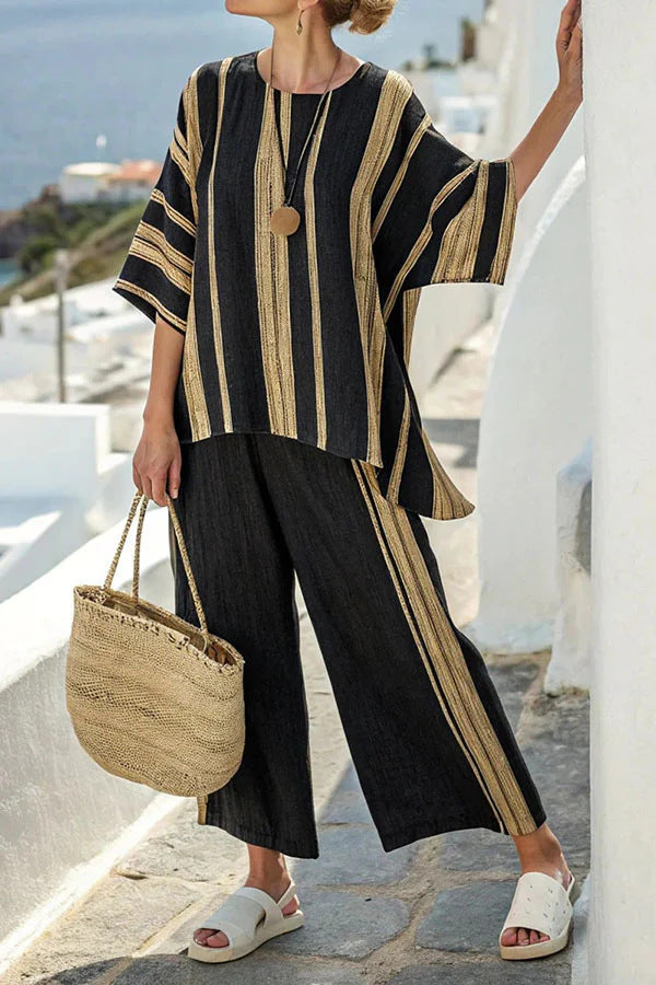 Striped Batwing Sleeve T-shirt / Straight-leg Pants/ Suits - Muselune