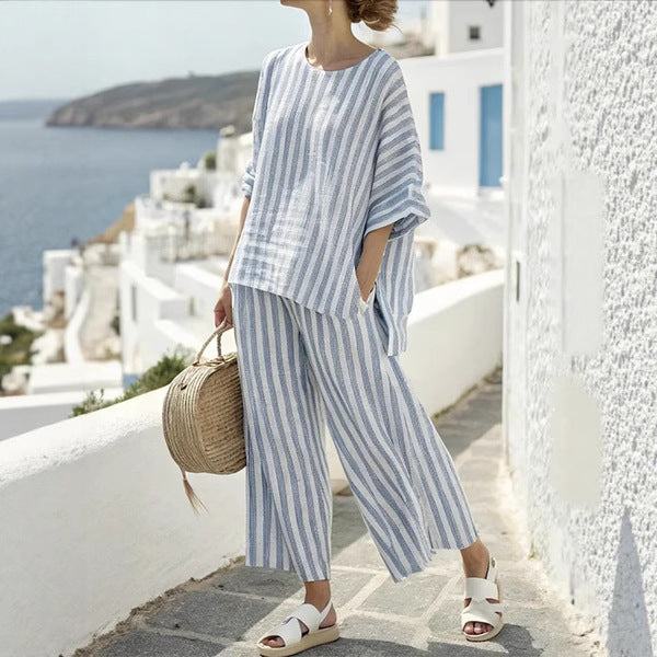 Striped Batwing Sleeve T-shirt / Straight-leg Pants/ Suits - Muselune