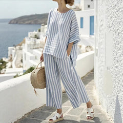 Striped Batwing Sleeve T-shirt / Straight-leg Pants/ Suits - Muselune