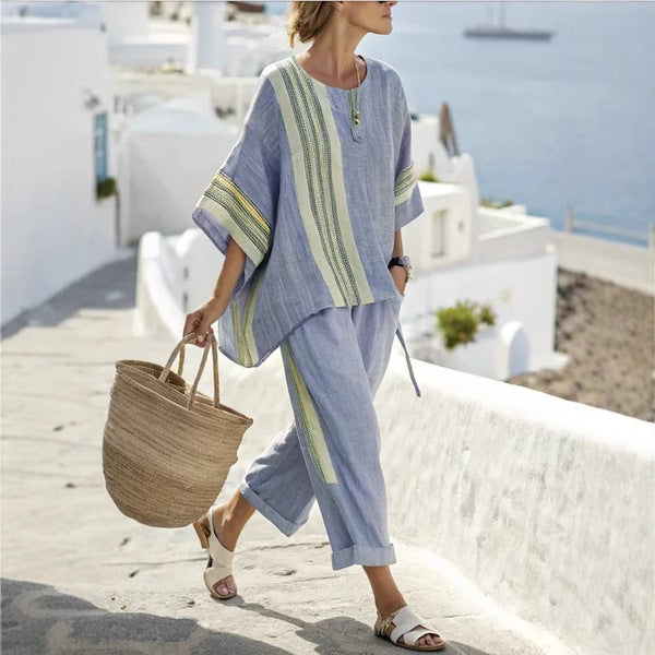 Striped Batwing Sleeve T-shirt / Straight-leg Pants/ Suits - Muselune