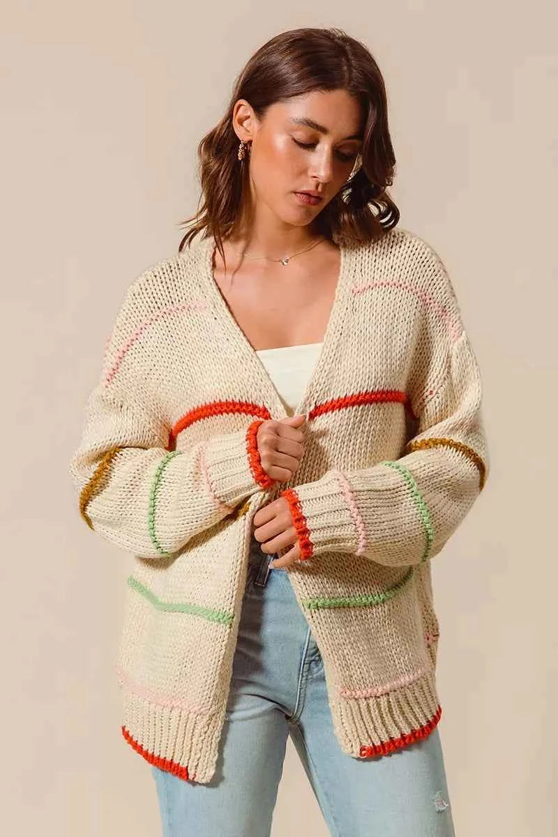 SO ME Loose Fit Multi Stripe Open Front Cardigan