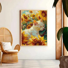 Orange Cat & Sunflower Canvas – Cozy Coffee-Themed Wall Art - Muselune