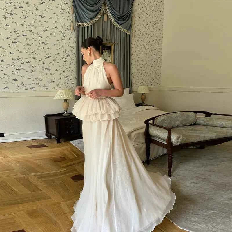 White O-neck Elegant Pleated Top Long Skirt Sets