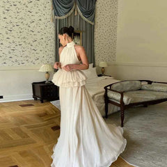 White O-neck Elegant Pleated Top Long Skirt Sets