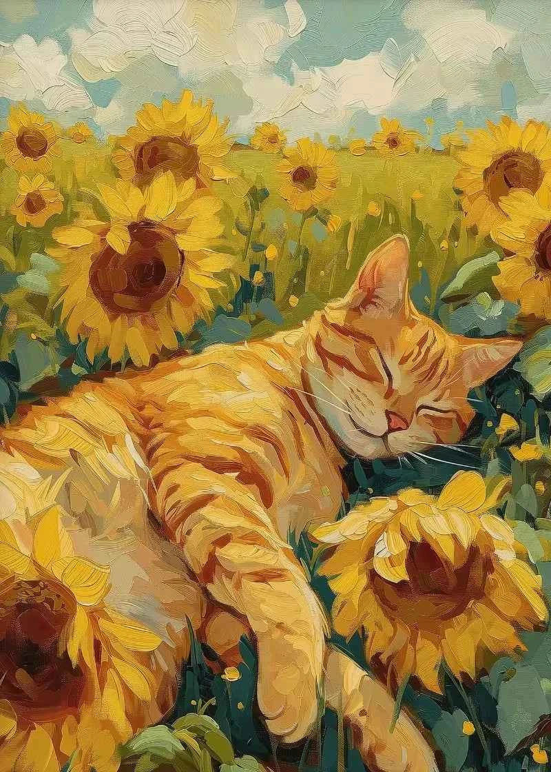 Orange Cat & Sunflower Canvas – Cozy Coffee-Themed Wall Art - Muselune