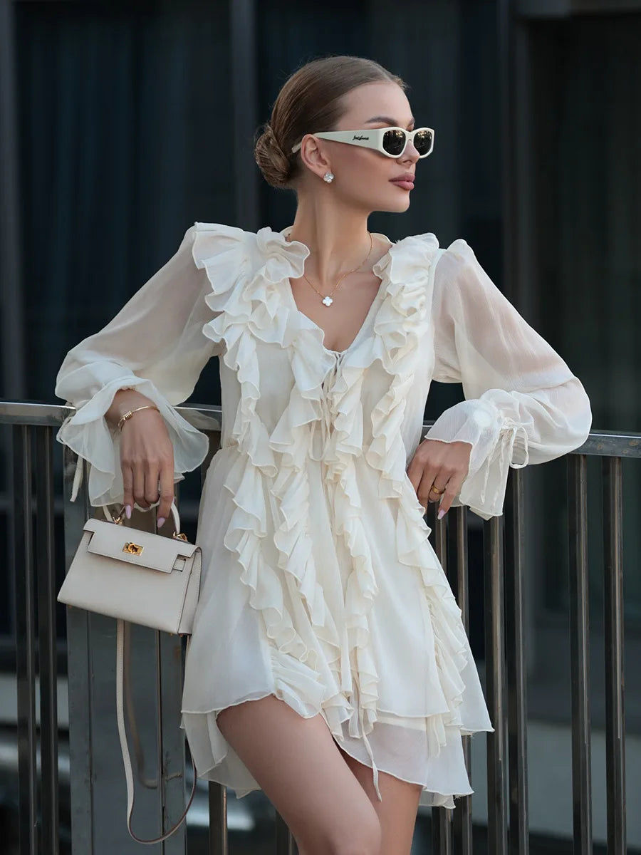 French Deep V Chiffon Mini Dress Skirt - Muselune