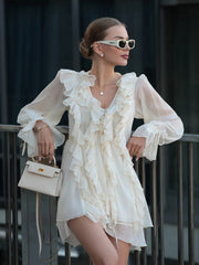 French Deep V Chiffon Mini Dress Skirt - Muselune
