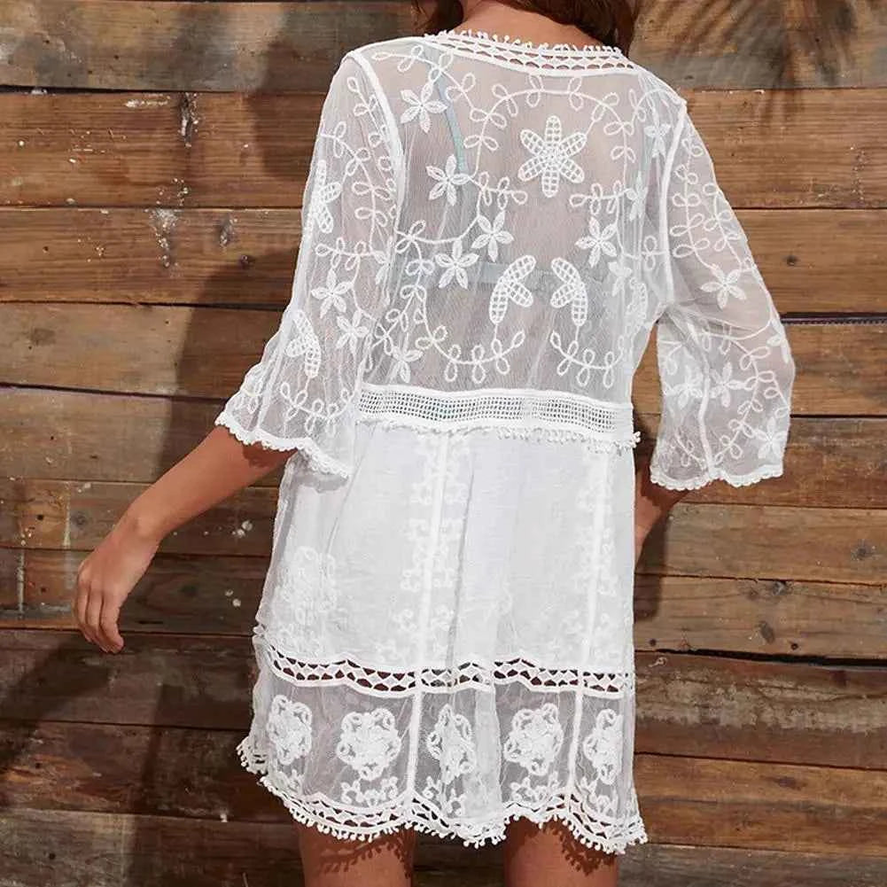 Sexy Mesh Bikini Cover-Up – Deep V-Neck Lace Beach Dress - Muselune