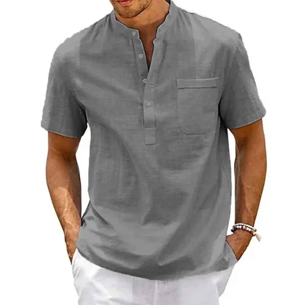 Men's Cotton Linen Henley Shirt with Pocket