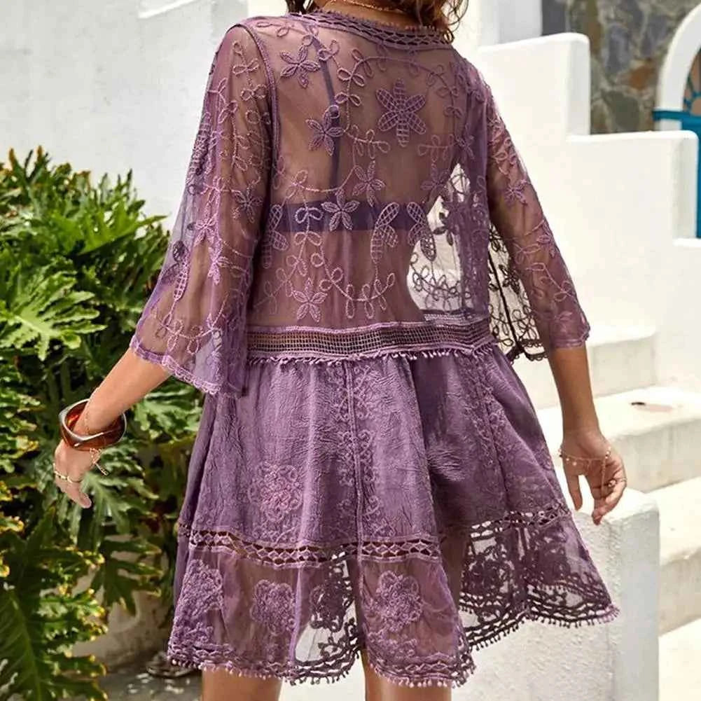 Sexy Mesh Bikini Cover-Up – Deep V-Neck Lace Beach Dress - Muselune
