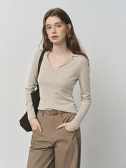 Wool Knit T-Shirt V-Neck Elegant Office Casual Minimalist Top - Muselune