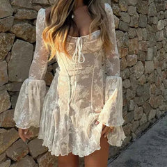 Lace Bell-Bottom Dresses with A-Line Long Sleeves