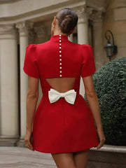 Red Turtleneck Hallow Out Bow Mini Dress Muselune