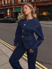 Vintage O-neck Denim Jacket & Pants Sets - Muselune