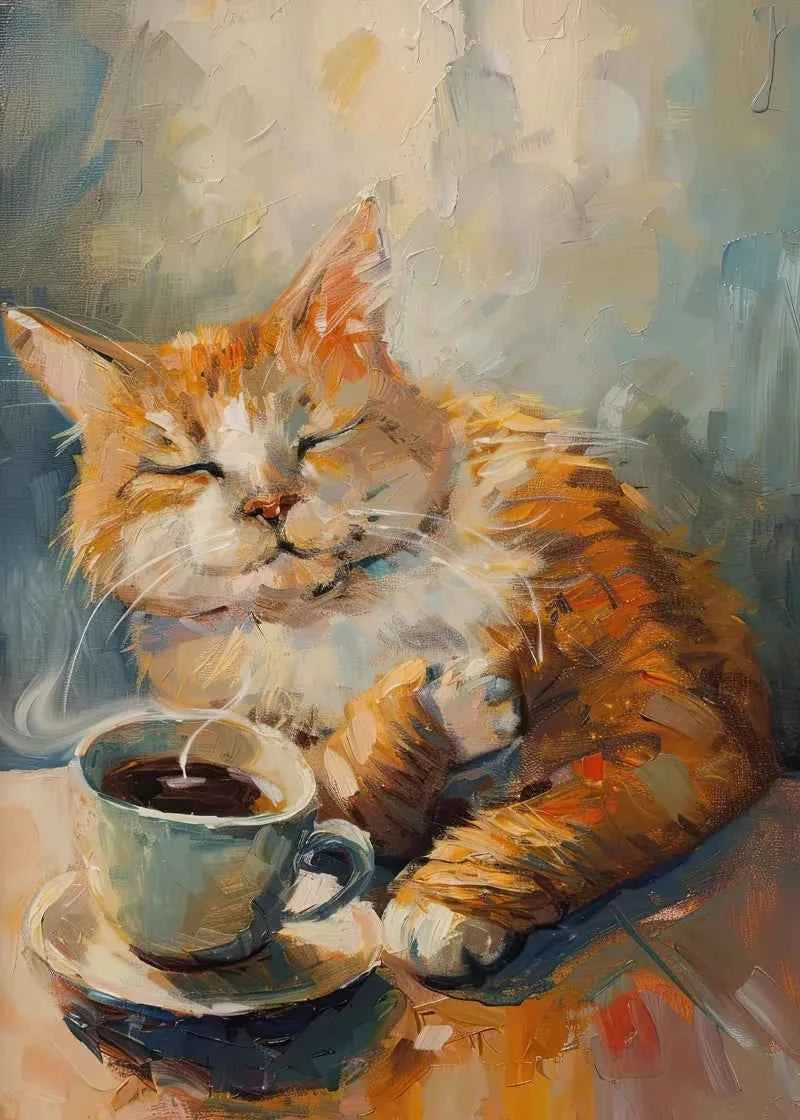 Orange Cat & Sunflower Canvas – Cozy Coffee-Themed Wall Art - Muselune