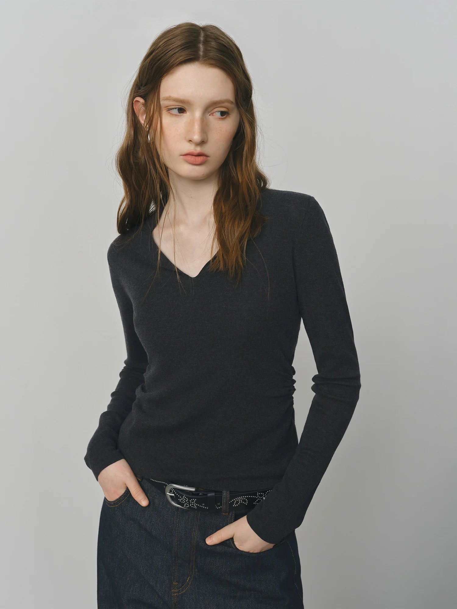Wool Knit T-Shirt V-Neck Elegant Office Casual Minimalist Top - Muselune