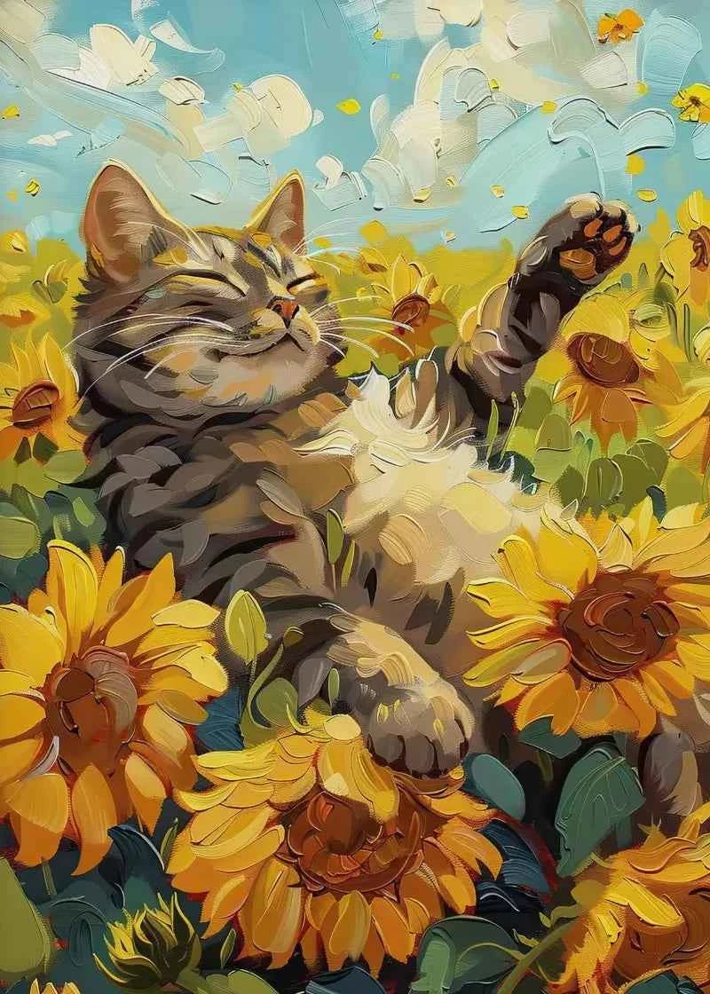 Orange Cat & Sunflower Canvas – Cozy Coffee-Themed Wall Art - Muselune
