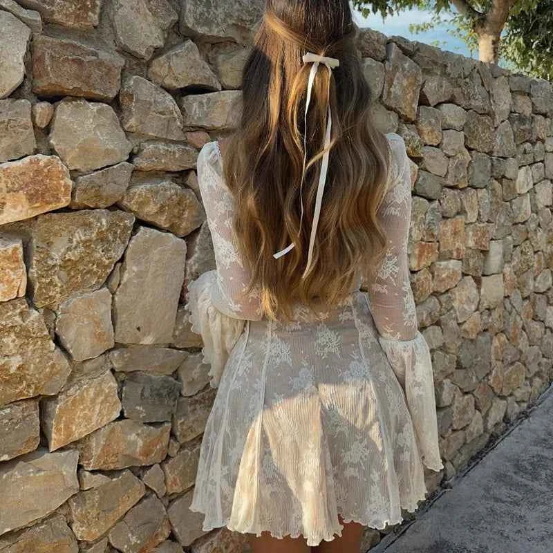 Lace Bell-Bottom Dresses with A-Line Long Sleeves