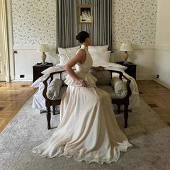 White O-neck Elegant Pleated Top Long Skirt Sets Muselune